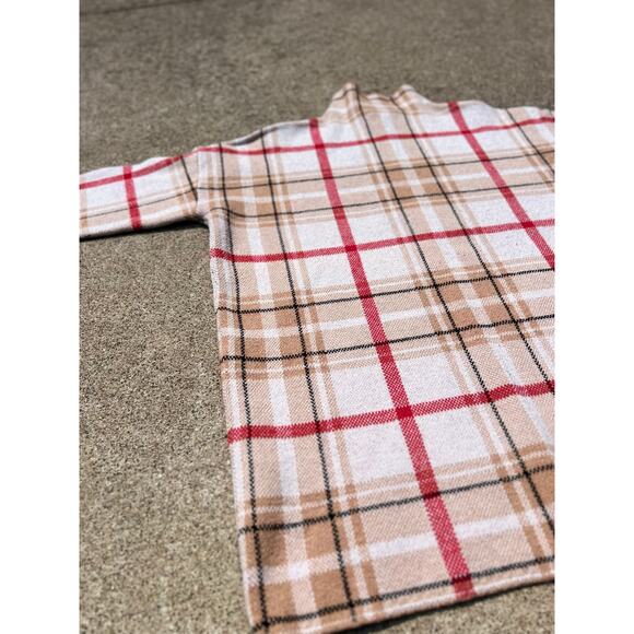 Tahari Sweater Women Size XS Red Brown Cream Plaid Mock Neck Long Sleeve - Picture 2 of 5